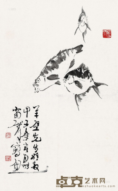 魏启后 甲子（1984）年作 鱼戏图 镜片 