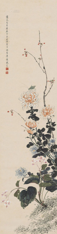王鲁频 壬申（1932）年作 菊花海棠 立轴