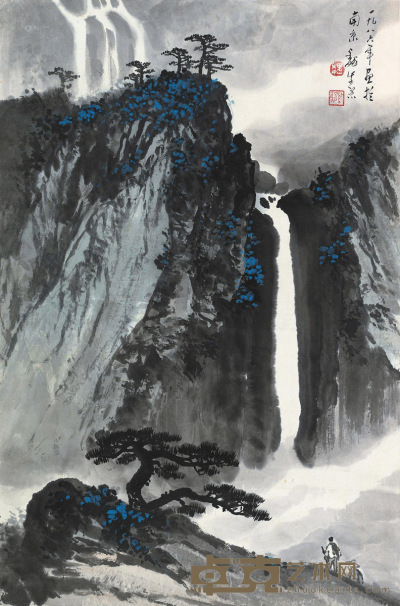 魏紫熙 1986年作 观瀑图 镜片 68×44.5cm