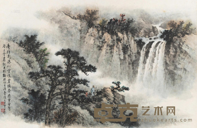 黄君璧 乙丑（1985）年作 策杖观瀑 镜片 59.5×91cm