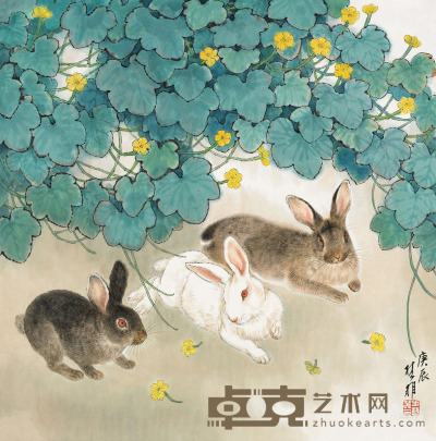 方楚雄 庚辰（2000）年作 三兔 镜片 68×69cm