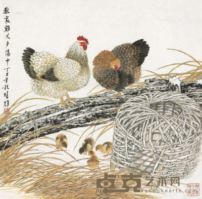 方楚雄 丁丑（1997）年作 群鸡 镜片 69×69cm