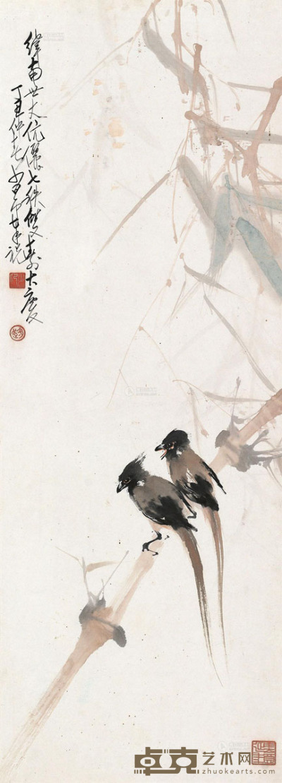 赵少昂 丁丑（1937）年作 竹雀图 镜片 92×33cm