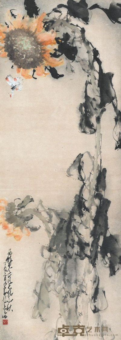 赵少昂 丁酉（1957）年作 向日葵 镜片 137×49cm