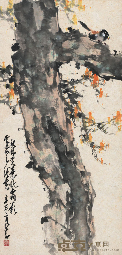赵少昂 辛亥（1971）年作 秋林黄叶晚霜影 镜片 95×45.5cm