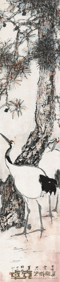 杨善深 丙子（1996）年作 松鹤图 镜片 178×38cm