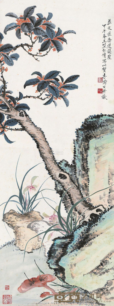 李凤公 甲午（1954）年作 芝兰桂寿 立轴 98×36cm