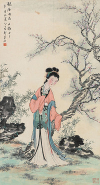 郑慕康 辛酉（1981）年作 赏梅仕女 立轴
