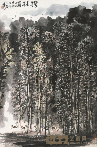 林丰俗 戊午（1978）年作 深林 镜片 67×45cm