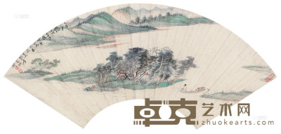 张大千 乙亥（1935）年作 江夏垂钓图 扇面 18×51cm