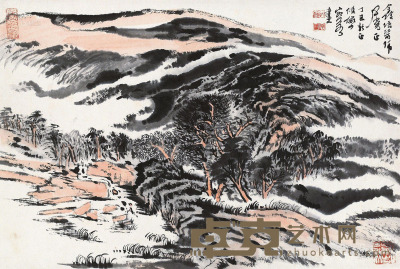 陆俨少 丁巳（1977）年作 溪山烟树 立轴 36×54cm