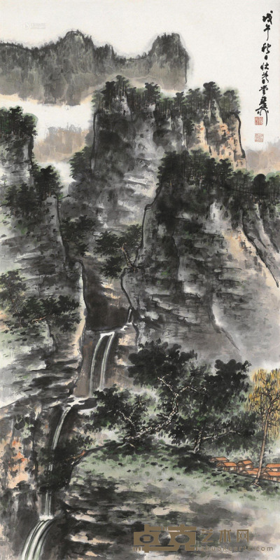 谢稚柳 戊午（1978）年作 春山叠泉图 立轴 136×68cm