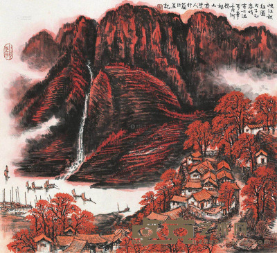 李行简 戊子（2008）年作 峡江秋红图 镜片 77×84cm