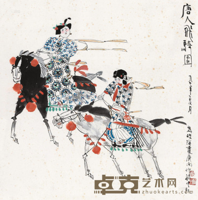 叶毓中 1997年作 唐人飞骑图 镜片 68×68cm