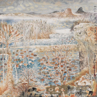 胡应康 丁丑（1997）年作 鹊池秋汛图 镜片 68×68cm