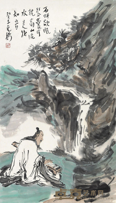 范扬 癸未（2003）年作 抚琴图 镜片 83.5×47.5cm