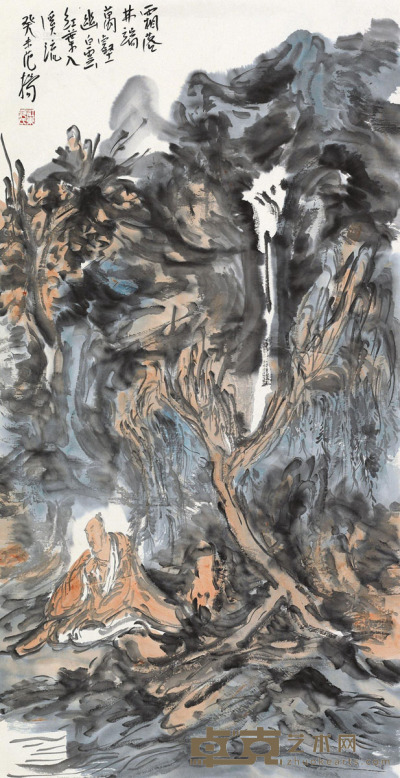 范扬 癸未（2003）年作 观泉图 镜片 91×46cm