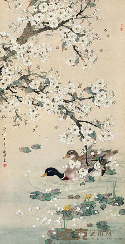 喻继高 庚午(1990)年作 桃花双鸭 镜片 134×68cm