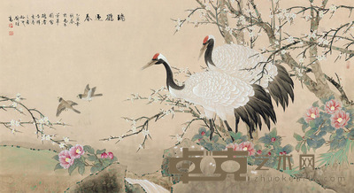 喻继高 乙酉(2005)年作 瑞鹤迎春 镜片 92×170cm