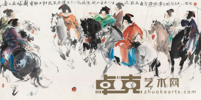 贺成 癸未（2003）年作 唐人马球图 镜片 69×137cm
