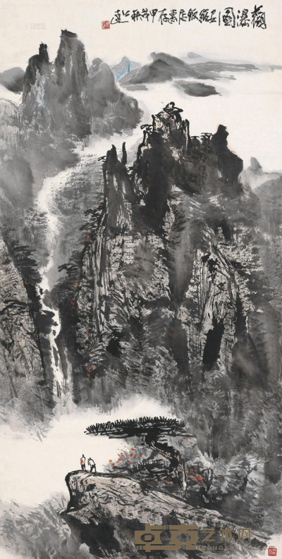 郭公达 甲戌（1994）年作 观瀑图 镜片 135×69cm