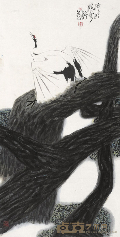 张之光 己卯（1999）年作 松龄鹤寿 镜片 138×70cm