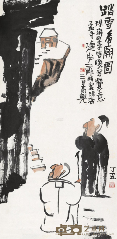 王孟奇 刘进安 刘二刚 丁丑（1997）年作 踏雪看庙图 立轴 96×48cm