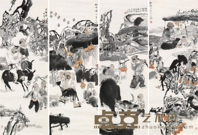 陈玉铭 戊寅（1998）年作 人物 四屏镜片 138×49cm×4