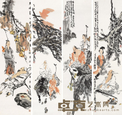 梁占岩 戊寅（1998）年作 人物 四屏镜片 137×34.5cm×4