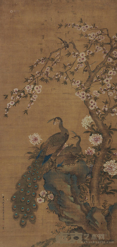李琮 碧桃孔雀图 立轴 221×105cm