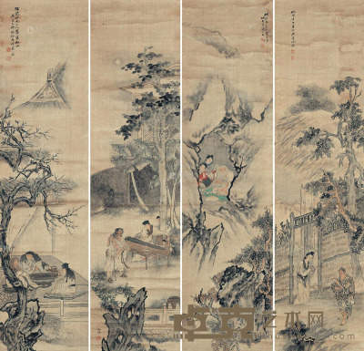 苏六朋 乙卯（1855）年作 人物 四屏立轴 160×41cm×4