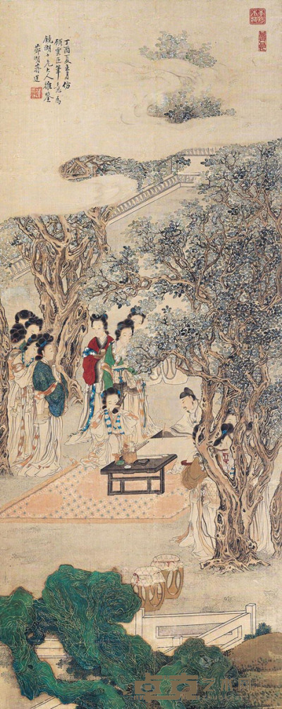 蒋莲 丁酉（1837）年作 仕女 镜片 118×47cm