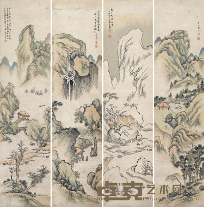 李斗山 甲子（1864）年作 四景山水屏 立轴 144×35cm×4