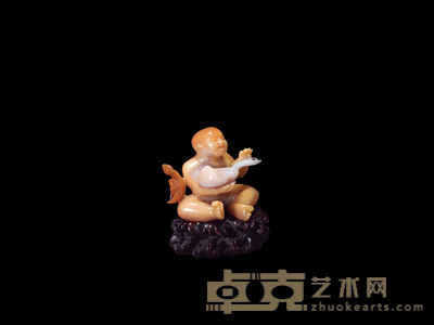 玛瑙巧雕童子戏鹅摆件 连座高：7cm