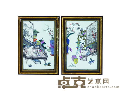 粉彩仕女人物瓷板一对 长:20cm 宽:12.6cm
