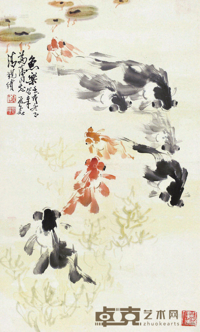 潘觐缋 鱼乐图 镜片 59×42cm