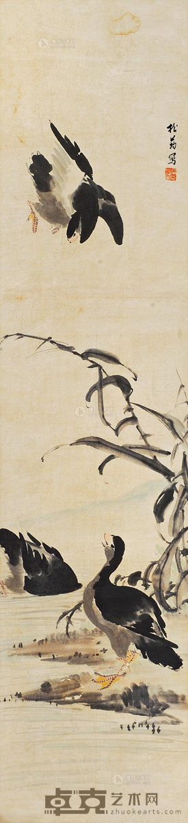松筠 芦雁图 立轴 135×32cm