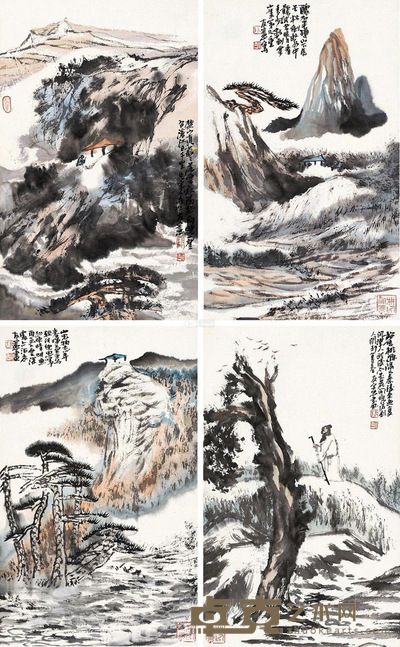 张友宪 山水 四屏镜片 46×34cm×4