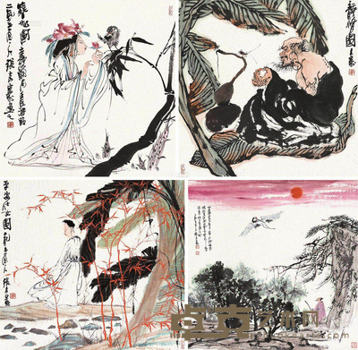 张友宪 平安仕女图 簪花图 静修图 仙鹤朝阳 镜片 68×74cm;69×69cm;68×70cm;75.5×76cm