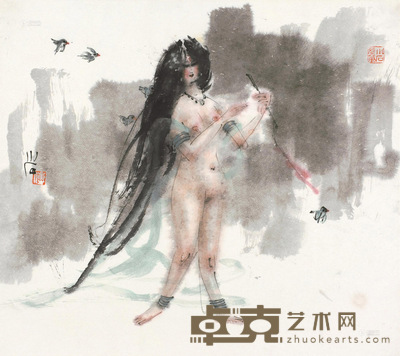 傅小石 持笛仕女 镜片 42×49cm