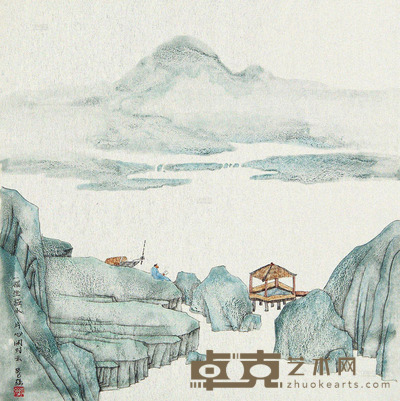 李强 临水闲坐图 34×34cm