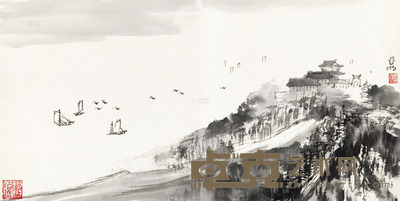 亚明 江阁帆影 32×63cm