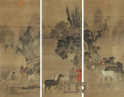 赵子昂 放马对饮图 三屏 设色绢本 110×45cm×3