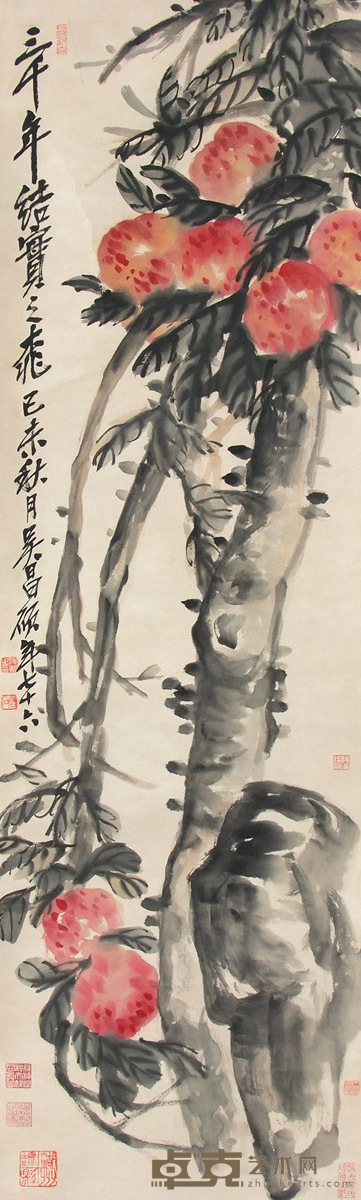 吴昌硕 寿桃 立轴 设色纸本 132×33cm