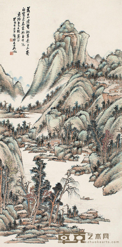 吴待秋 癸亥1923年作 秋山放棹 立轴 设色纸本 104×51cm