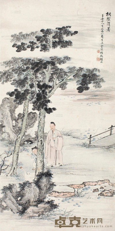 冯超然 桐荫消暑 立轴 设色纸本 130×65cm