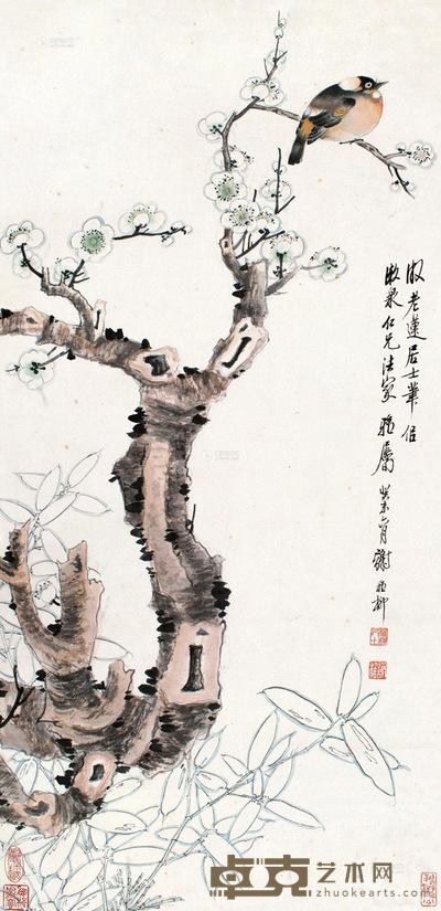 谢稚柳 1943年作 梅竹栖禽 镜片 纸本 67×32cm