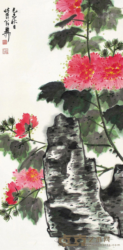 谢稚柳 己未1979年作 芙蓉 立轴 设色纸本 98×48cm