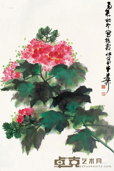 谢稚柳 丙辰1976年作 芙蓉花 镜片 设色纸本 67×44cm