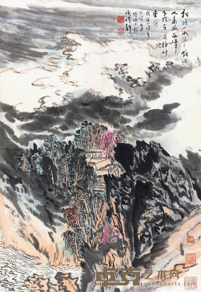 陆俨少 丙寅1986年作 唐人诗意图 立轴 设色纸本 68×46.5cm